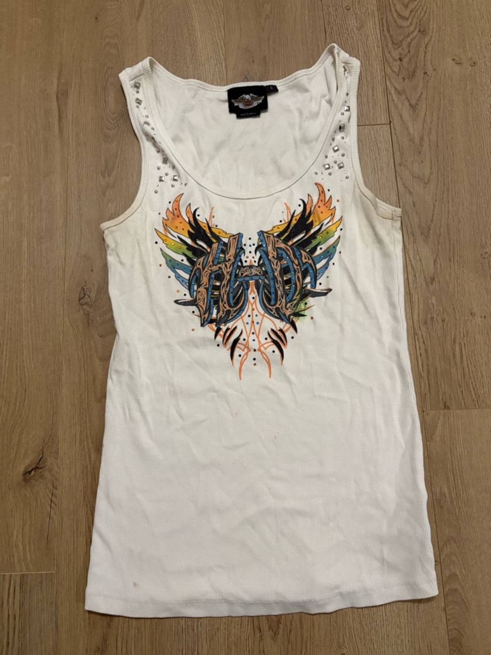 Harley-Davidson White Tank with Multicolor Wing Graphic and Studs